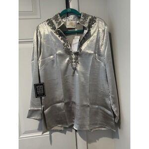 Nicoblu Women's Embellished Silver V Neck Tunic Blouse Rhinestones NWT Sz M